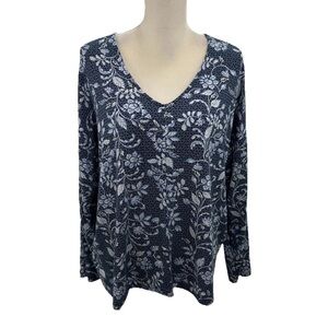 Pure Jill Eco-Terry V Neck Floral Top Womens XL Relaxed Fit Long Sleeve Blue